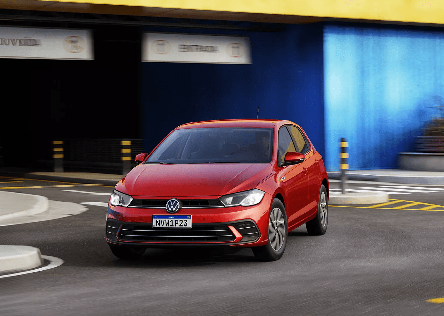 Novo Volkswagen Polo vermelho em movimento na cidade